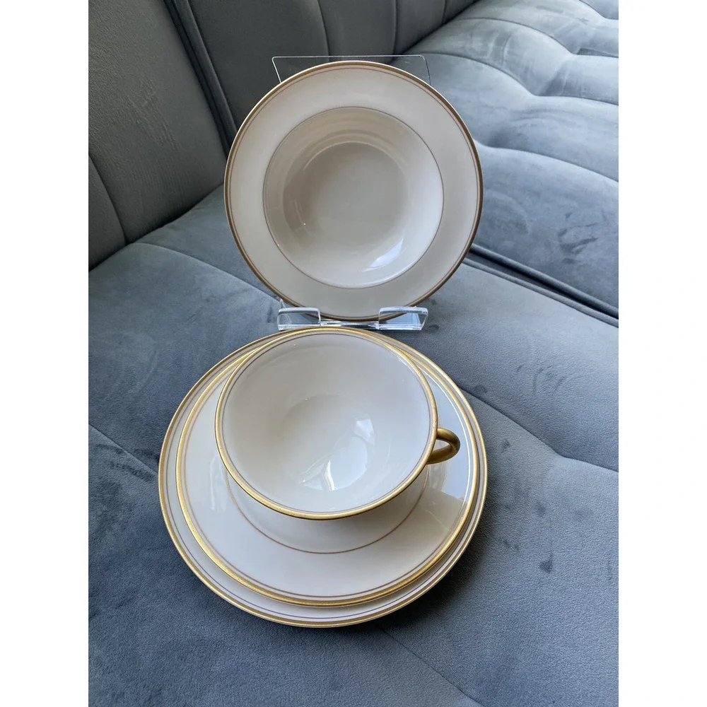 4pc FRANCISCAN Masterpiece China Ivory Gold Trim Tea Cup,Saucer,Soup,Dessert Set